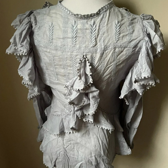 Isabel Marant Etoile Alea Ruffled Blouse in Light Blue Grey Cotton, size 34 - Picture 4 of 8